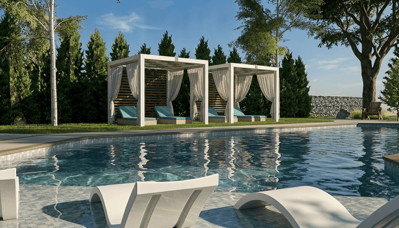 Outdoor pool with curtained cabanas and loungers at Santé Apartments