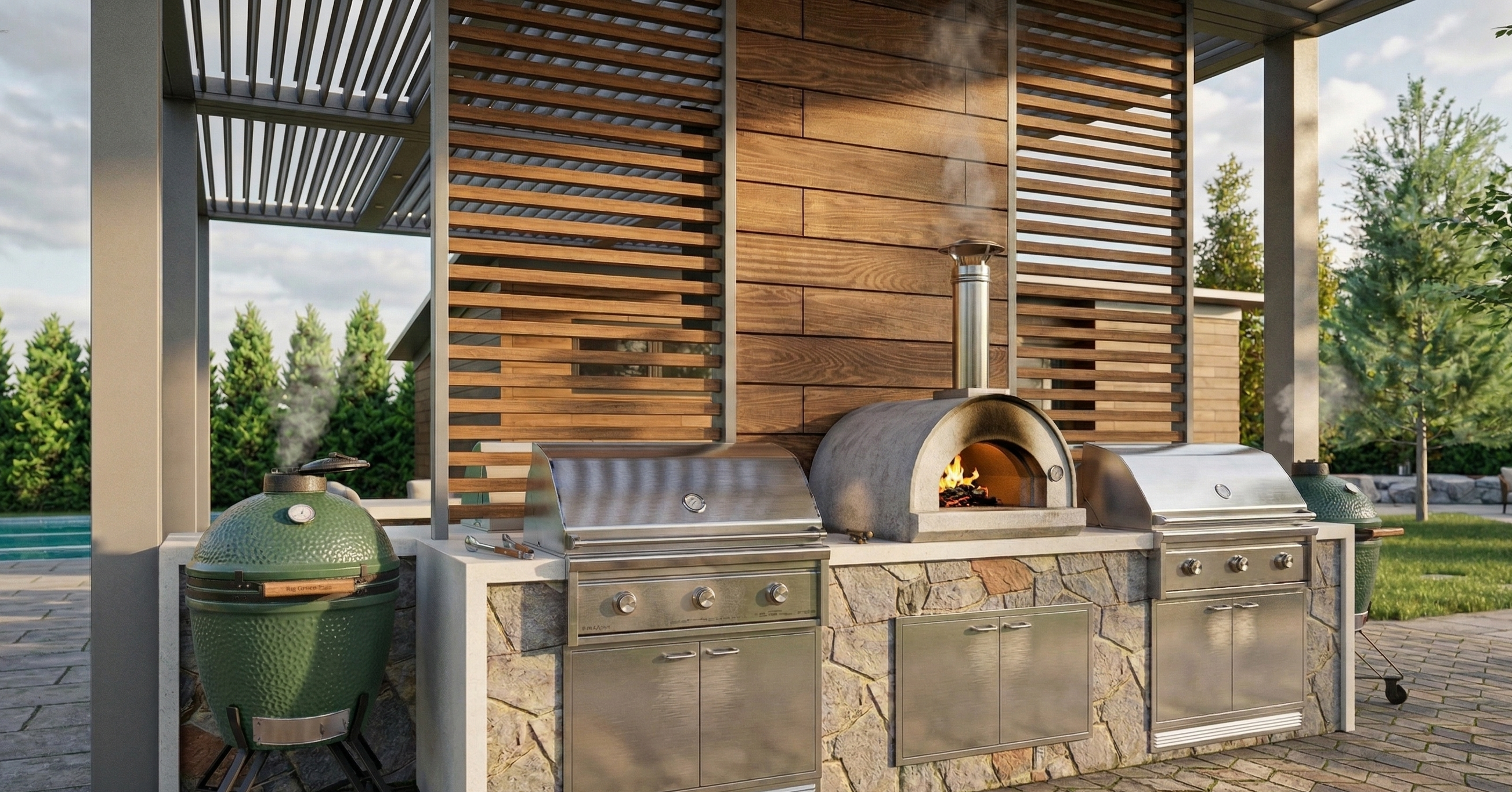 Outdoor kitchen with pizza oven and grill station