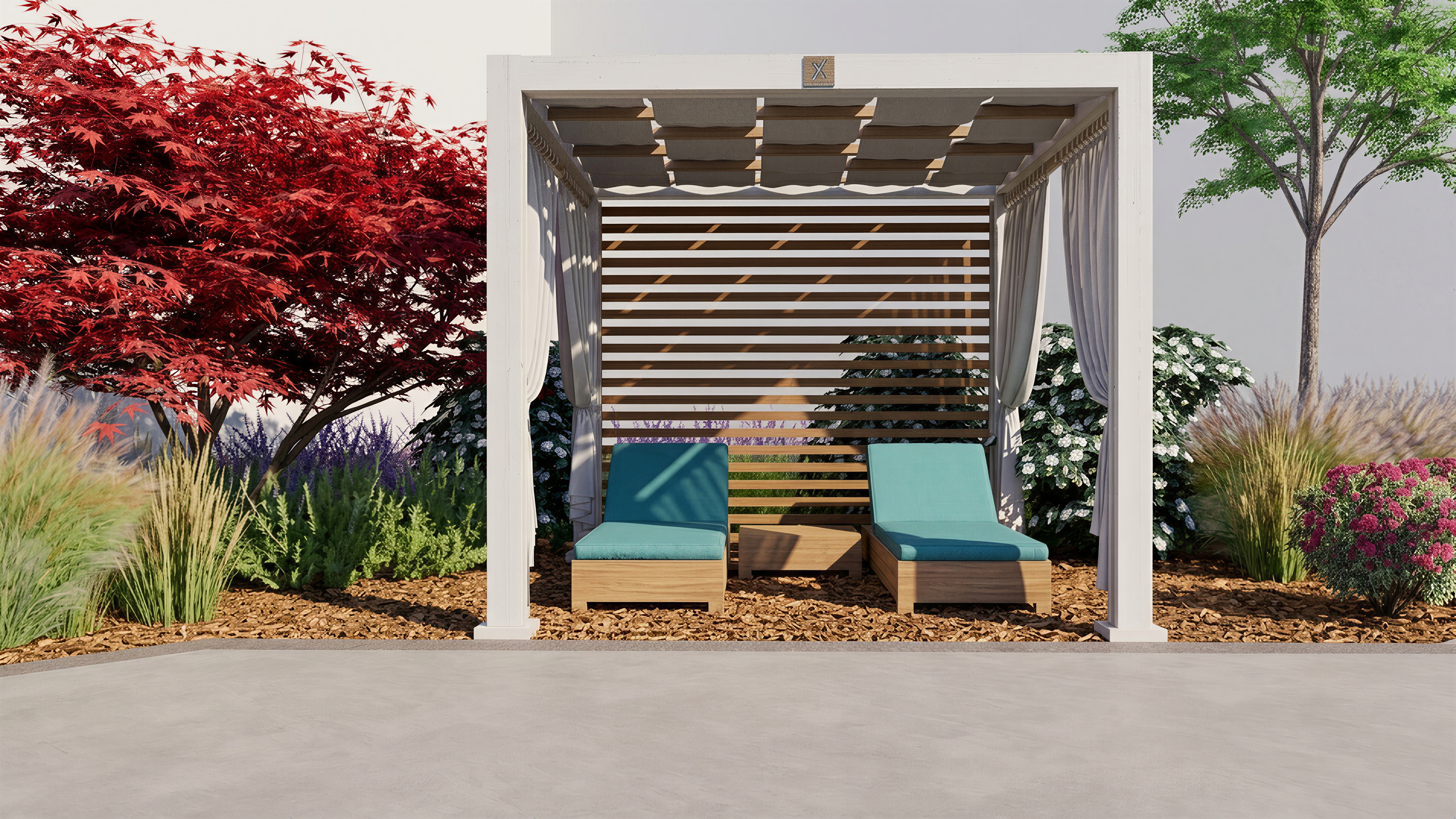 Santé Apartments — Pool house with sauna and outdoor seating